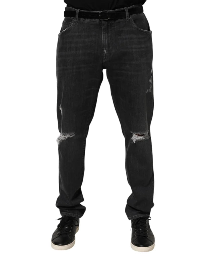 Dolce &amp; Gabbana Black Cotton Slim Fit Distressed Ripped Logo Jeans