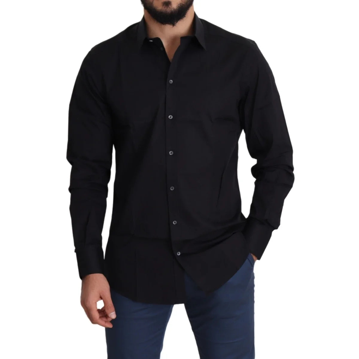 Dolce and Gabbana Black Cotton Stretch Dress Shirt for Men &