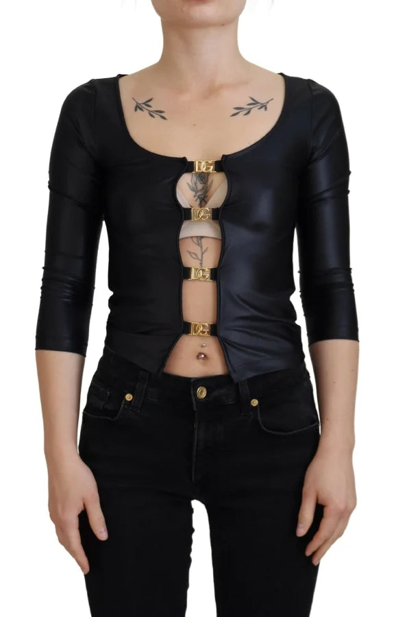 Dolce &amp; Gabbana Black Cotton Stretch Open Chest 3/4 Sleeve Top