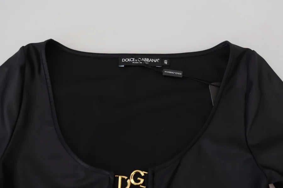 Dolce &amp; Gabbana Black Cotton Stretch Open Chest 3/4 Sleeve Top