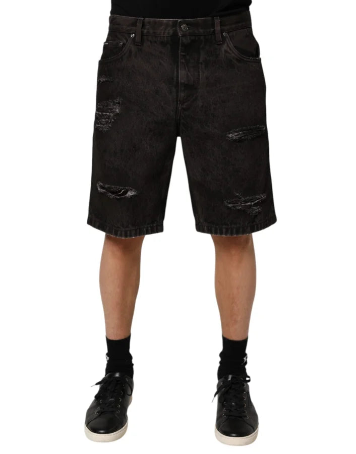 Dolce &amp; Gabbana Black Cotton Tattered Denim Men Bermuda Short