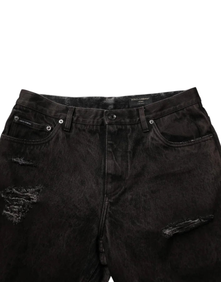 Dolce &amp; Gabbana Black Cotton Tattered Denim Men Bermuda Short