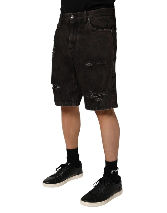 Dolce &amp; Gabbana Black Cotton Tattered Denim Men Bermuda Short
