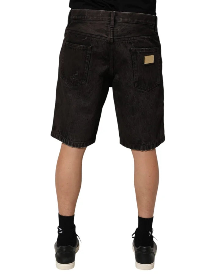 Dolce &amp; Gabbana Black Cotton Tattered Denim Men Bermuda Short