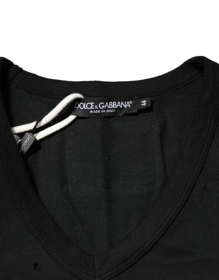 Dolce & Gabbana Black Cotton Tattered Logo V-Neck Men T-shirt