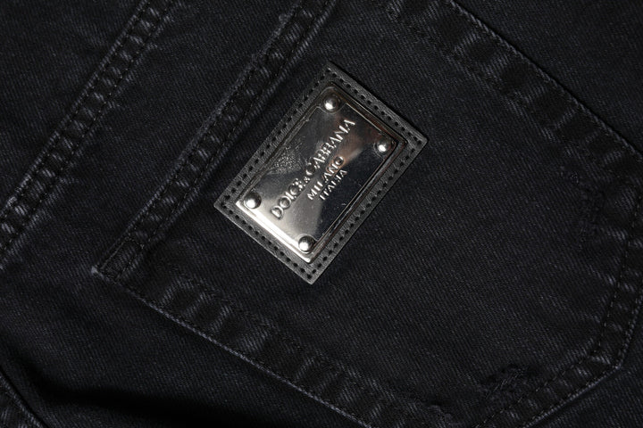 Dolce &amp; Gabbana Black Cotton Tattered Mid Waist Denim Jeans