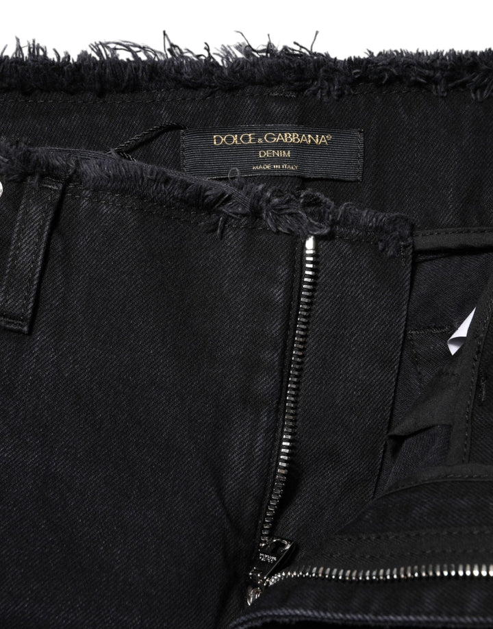 Dolce &amp; Gabbana Black Cotton Tattered Mid Waist Denim Jeans