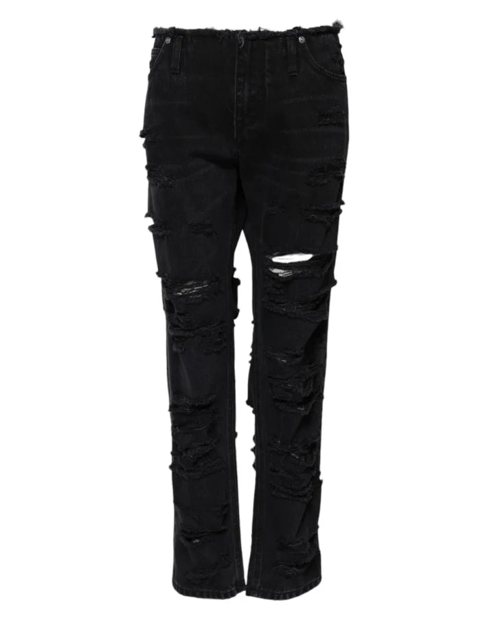 Dolce & Gabbana Black Cotton Tattered Mid Waist Denim Jeans