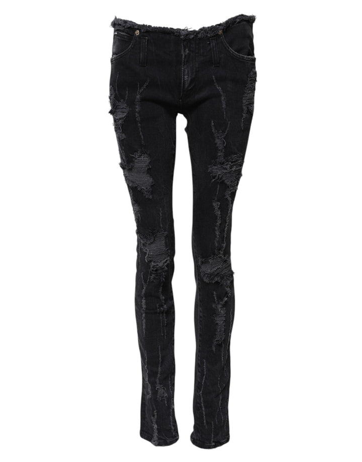 Dolce &amp; Gabbana Black Cotton Tattered Skinny Denim Jeans