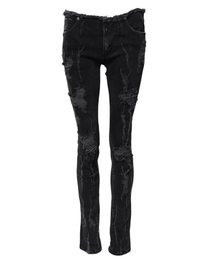Dolce & Gabbana Black Cotton Tattered Skinny Denim Jeans