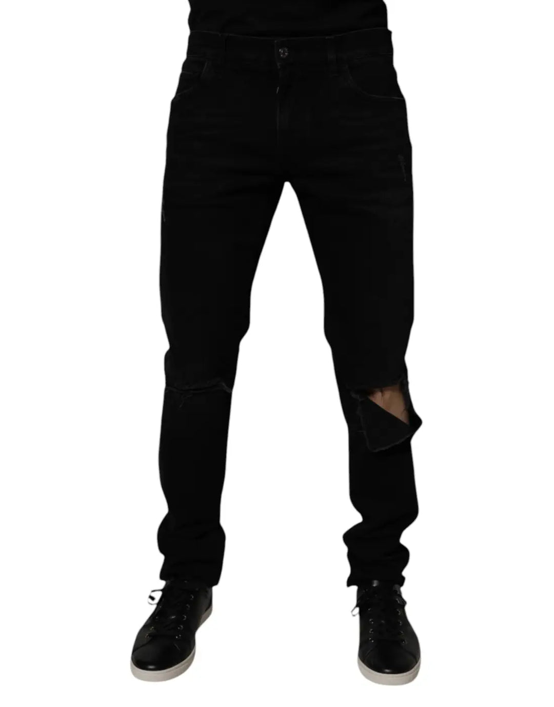 Dolce &amp; Gabbana Black Cotton Tattered Skinny Men Denim Jeans