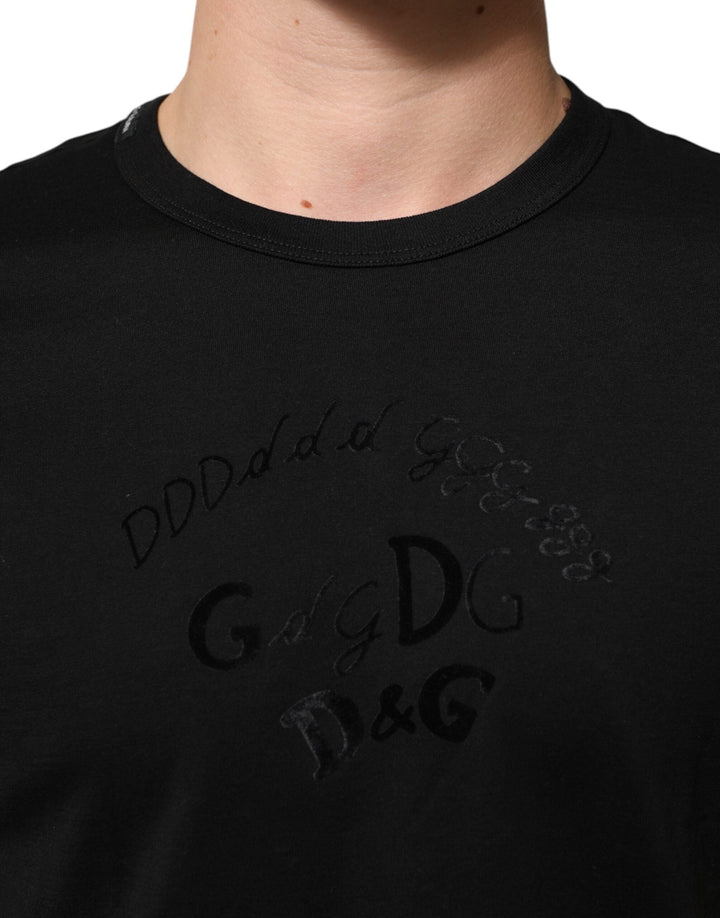 Dolce &amp; Gabbana Black Cotton Velvet Logo Print Men T-shirt