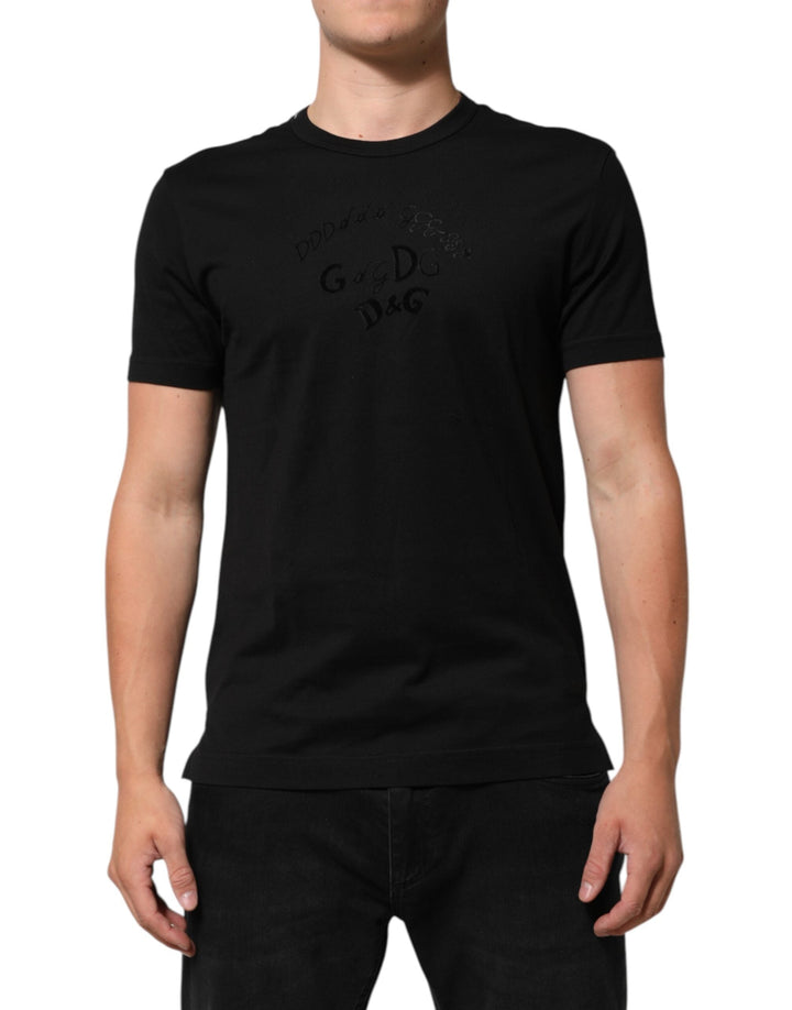 Dolce &amp; Gabbana Black Cotton Velvet Logo Print Men T-shirt