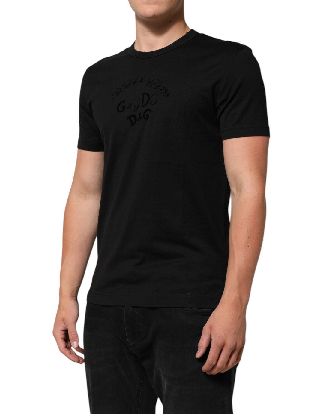 Dolce &amp; Gabbana Black Cotton Velvet Logo Print Men T-shirt