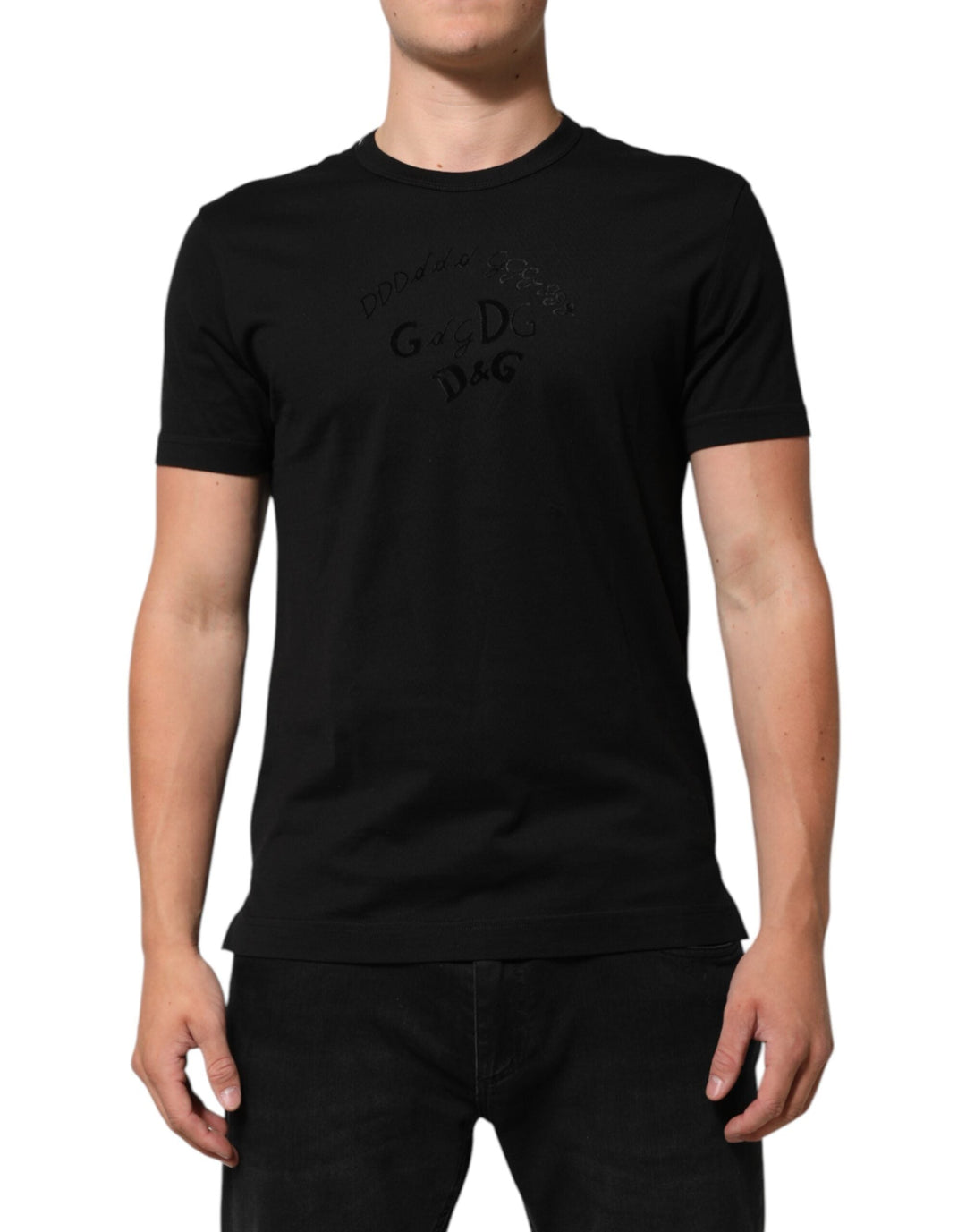 Dolce &amp; Gabbana Black Cotton Velvet Logo Print Men T-shirt