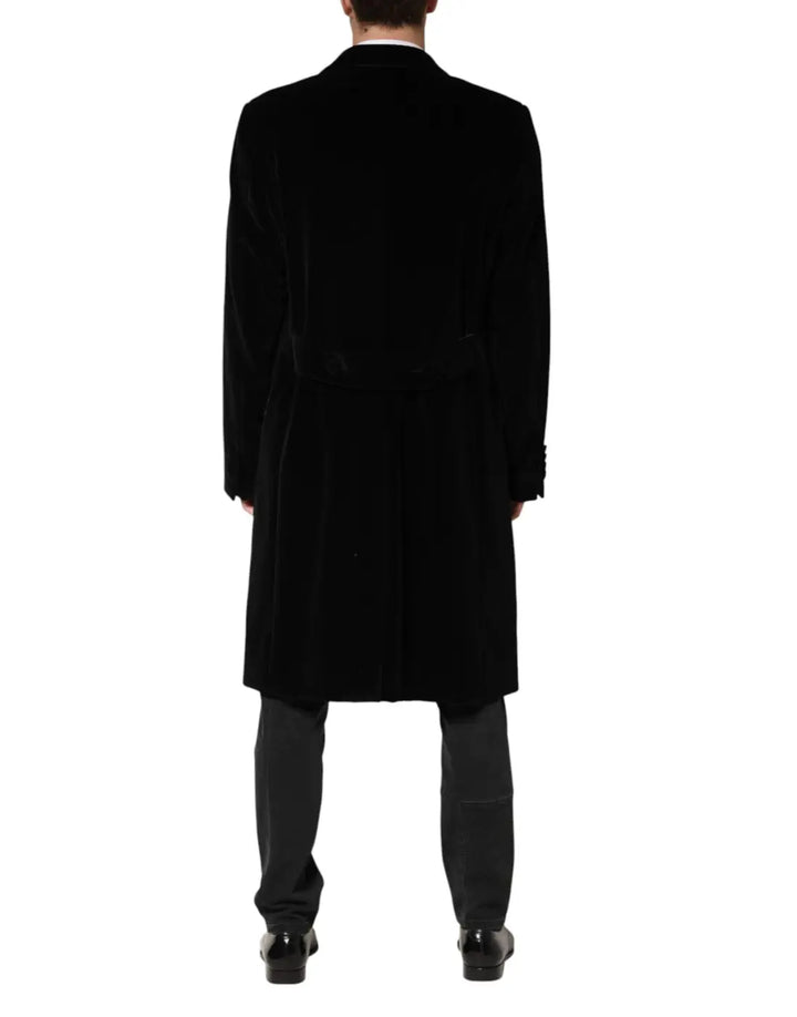 Dolce &amp; Gabbana Black Cotton Velvet Long Trench Coat Jacket