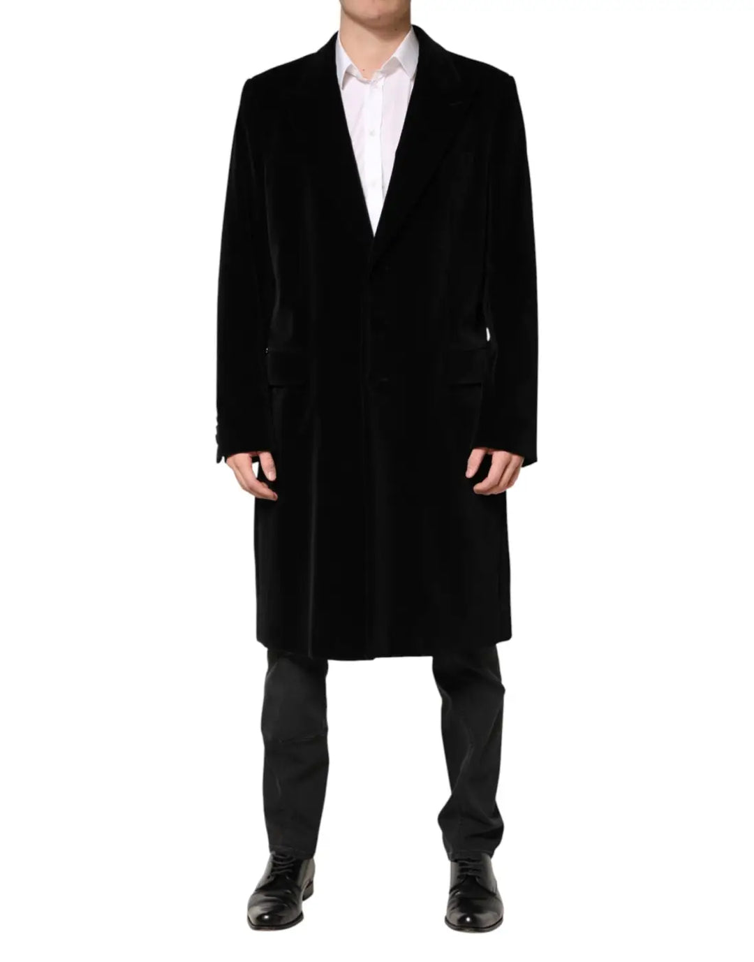 Dolce &amp; Gabbana Black Cotton Velvet Long Trench Coat Jacket