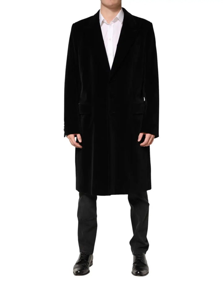 Dolce &amp; Gabbana Black Cotton Velvet Long Trench Coat Jacket