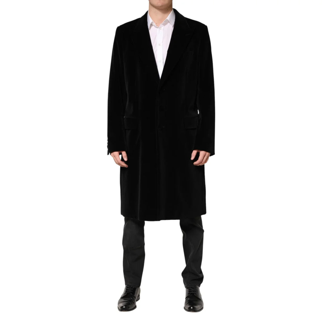 Dolce & Gabbana Black Cotton Velvet Long Trench Coat Jacket