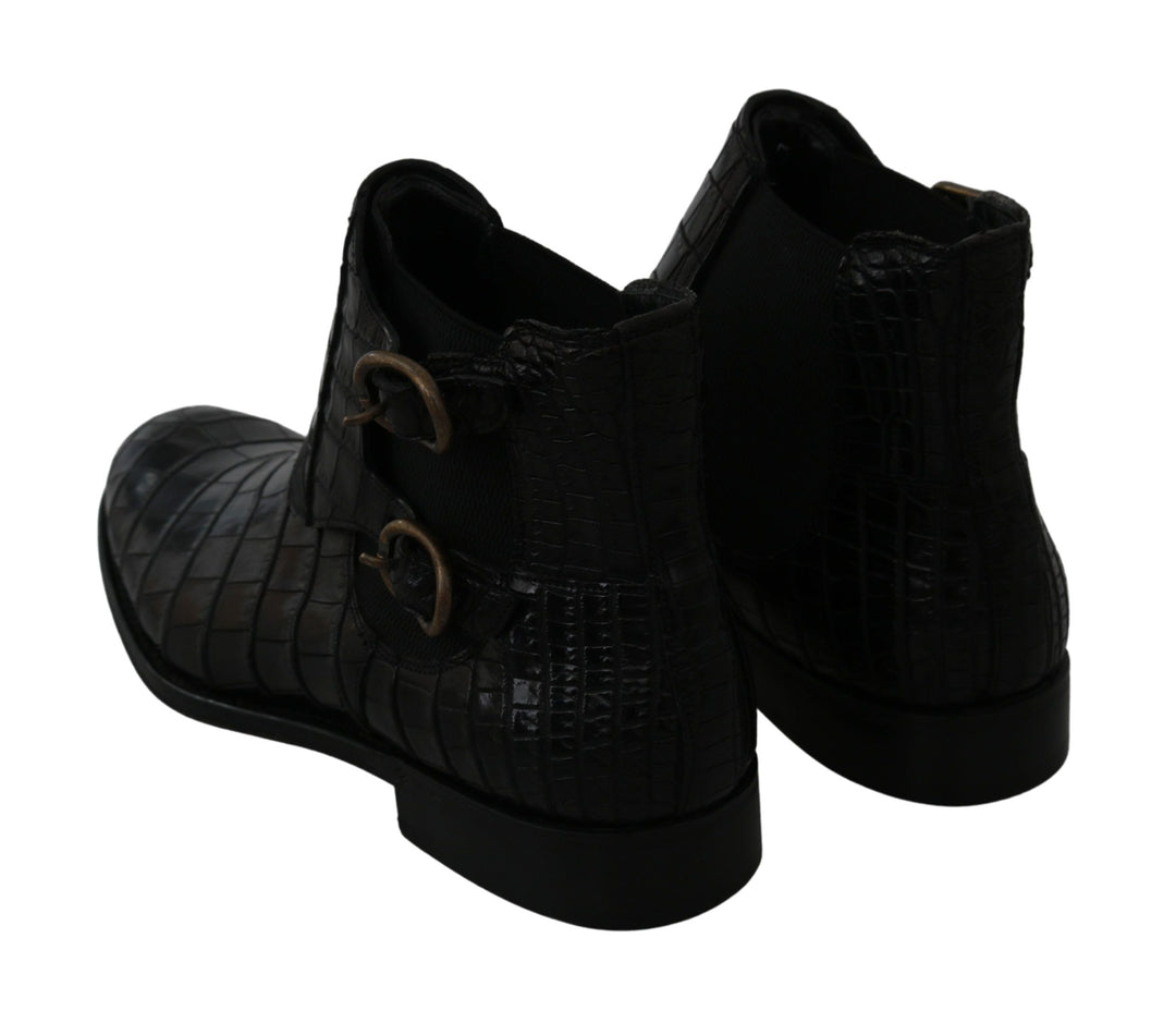 Dolce &amp; Gabbana Black Crocodile Leather Derby Boots Shoes