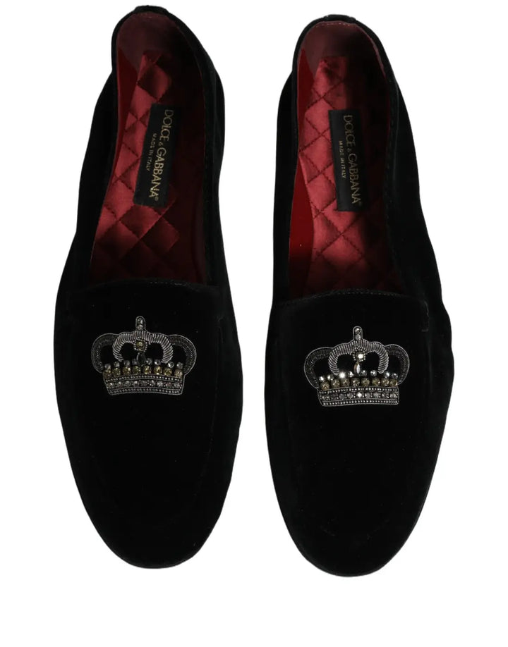 Dolce &amp; Gabbana Black Crown Embellished Dress Loafers Shoes
