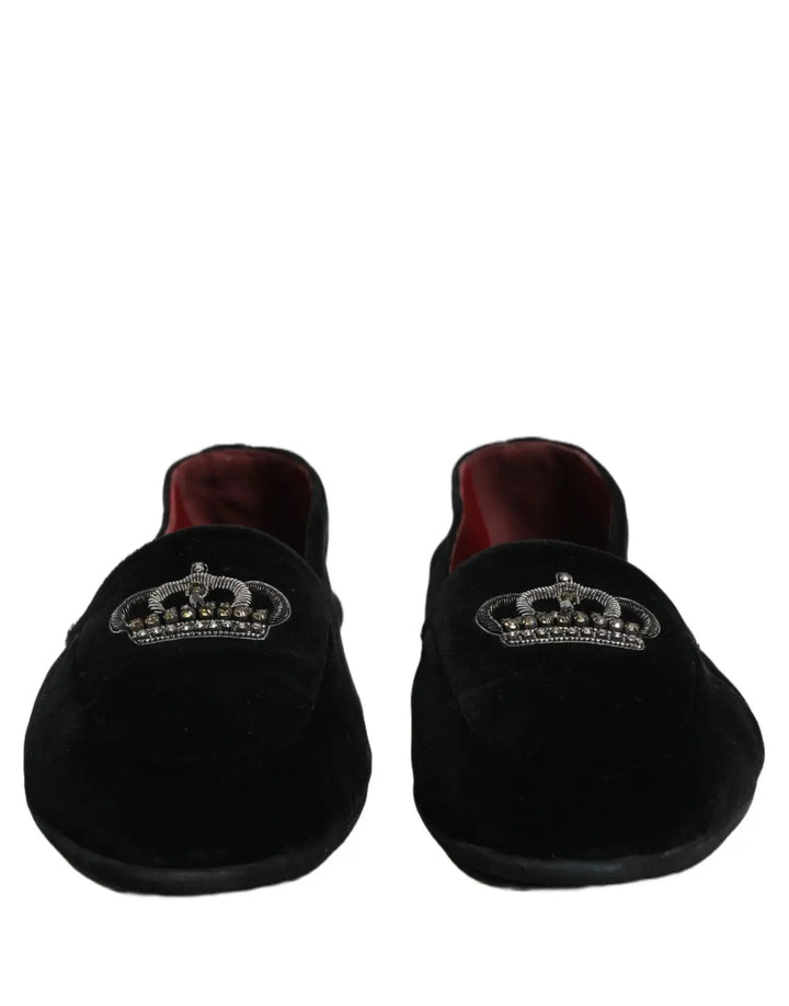 Dolce &amp; Gabbana Black Crown Embellished Dress Loafers Shoes
