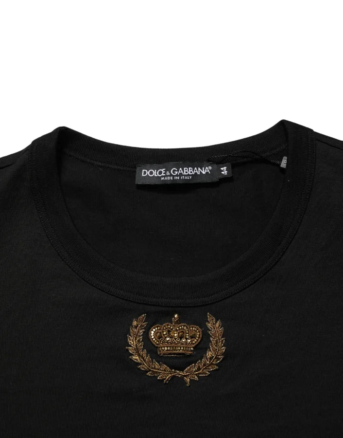 Dolce & Gabbana Black Crown Embroidery Men Crew Neck T-shirt