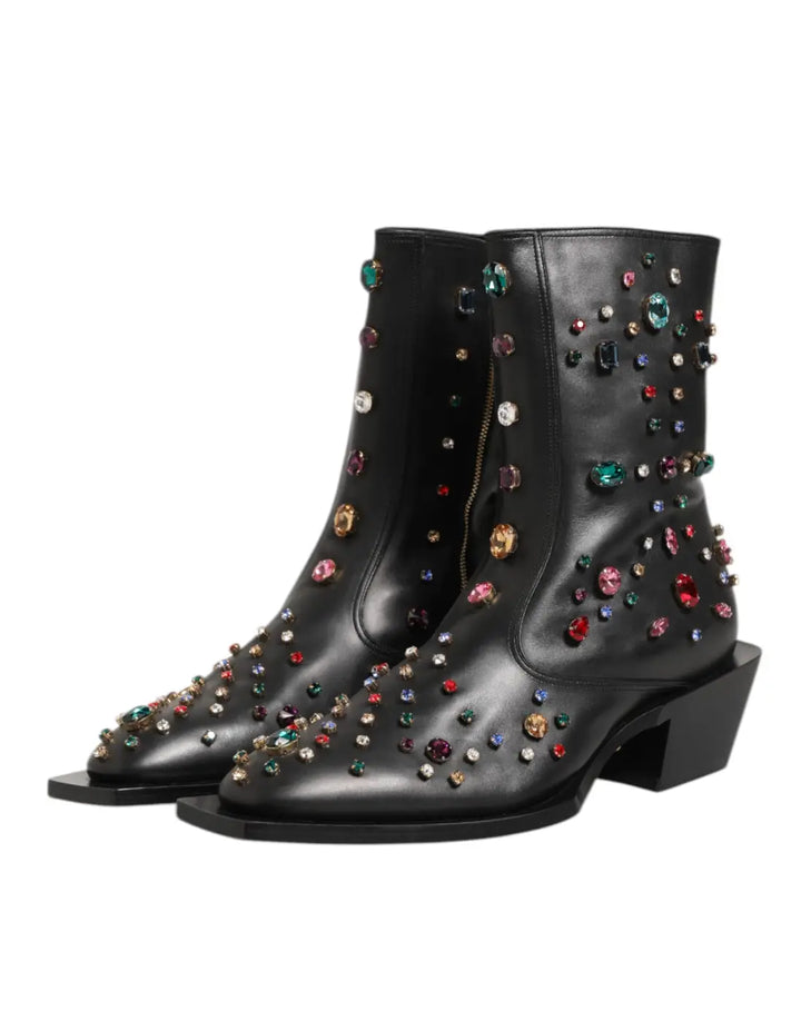 Dolce &amp; Gabbana Black Crystal Embellished Men Short Boots Shoes