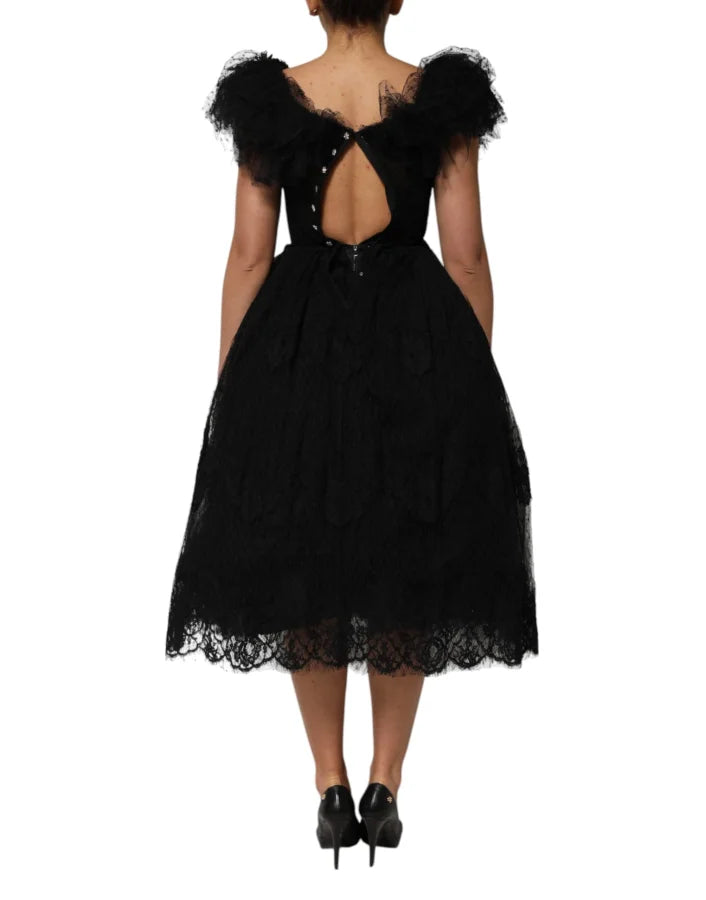 Dolce &amp; Gabbana Black Crystal Embellished Midi A-line Dress