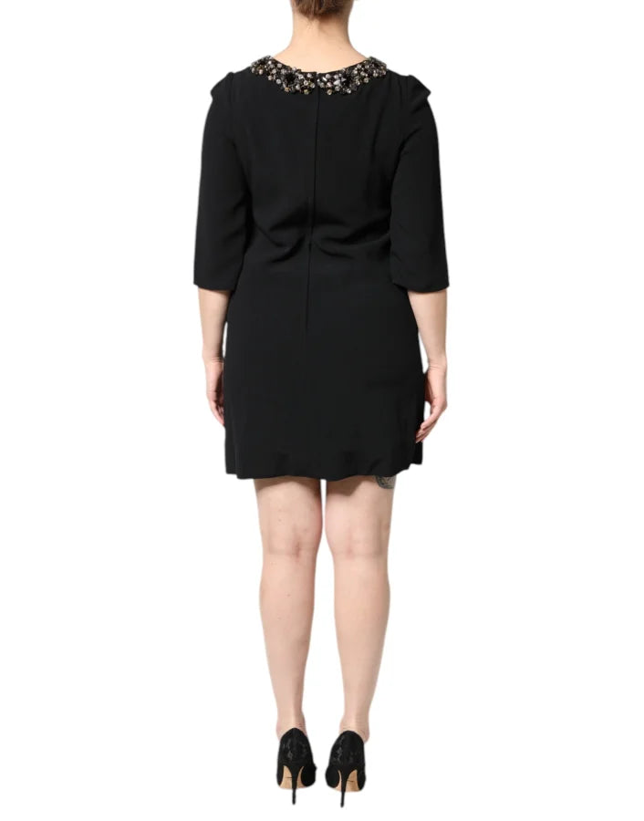 Dolce &amp; Gabbana Black Crystal Embellished Round Neck Mini Dress
