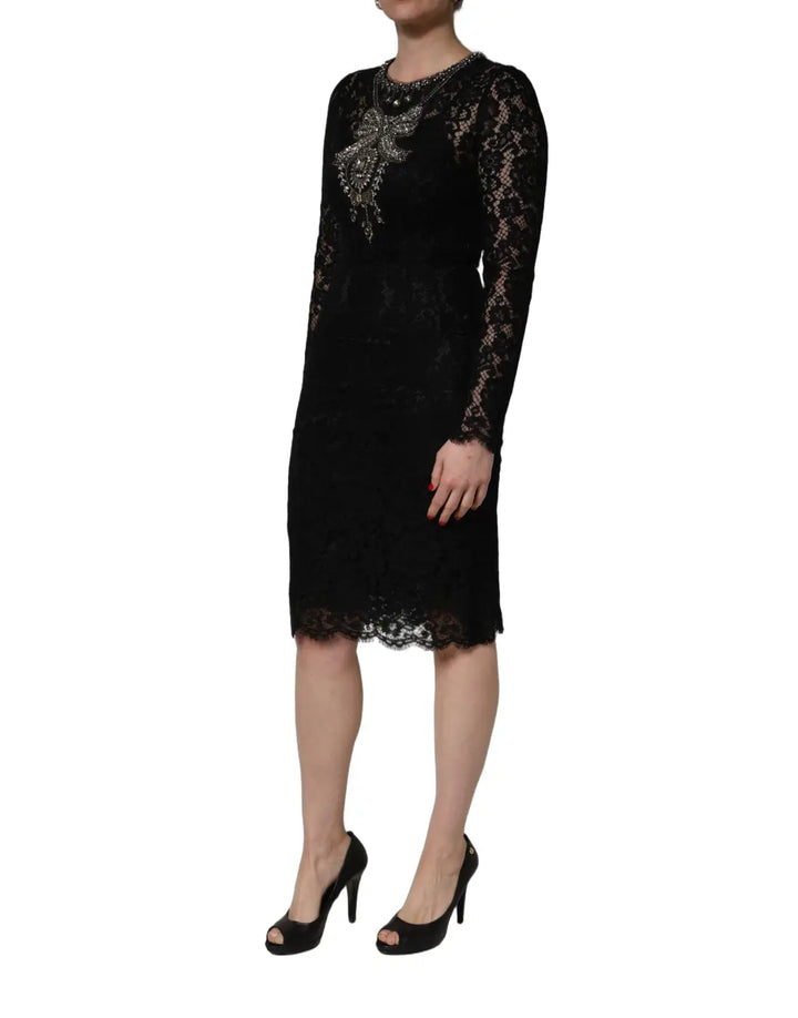 Dolce &amp; Gabbana Black Crystal Embellished Sheath Midi Dress