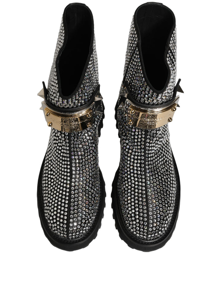 Dolce &amp; Gabbana Black Crystal Embellished Short Boots Shoes