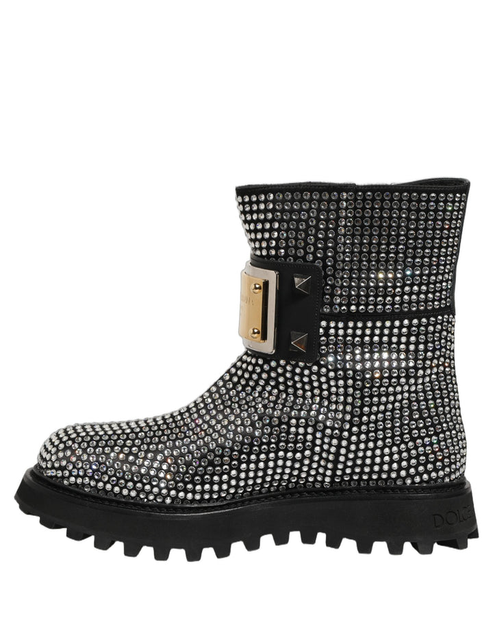 Dolce &amp; Gabbana Black Crystal Embellished Short Boots Shoes