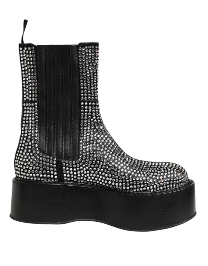 Dolce &amp; Gabbana Black Crystal Strass Mid Calf Short Boots Shoes