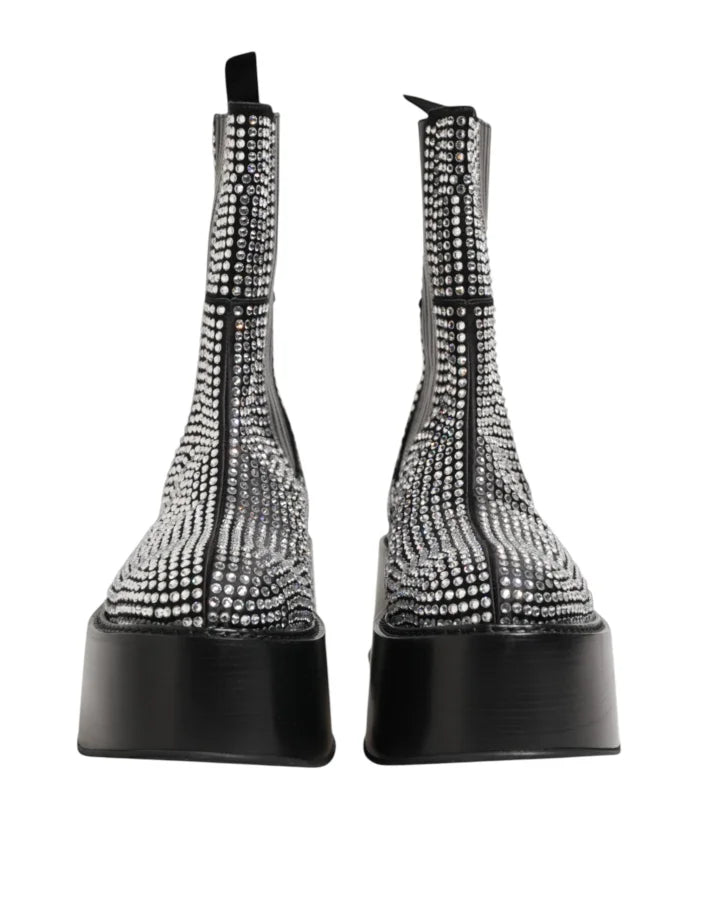 Dolce &amp; Gabbana Black Crystal Strass Mid Calf Short Boots Shoes