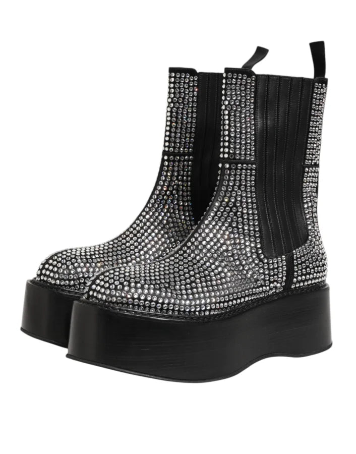 Dolce &amp; Gabbana Black Crystal Strass Mid Calf Short Boots Shoes