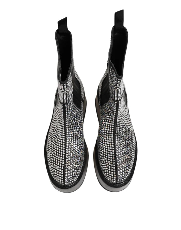 Dolce &amp; Gabbana Black Crystal Strass Mid Calf Short Boots Shoes