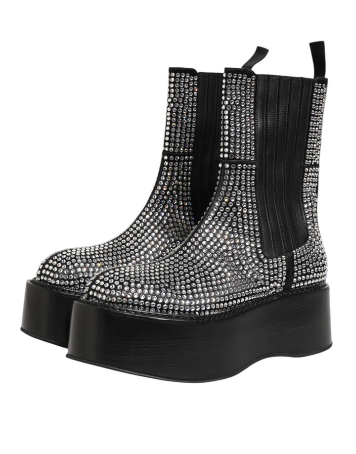 Dolce &amp; Gabbana Black Crystal Strass Mid Calf Short Boots Shoes
