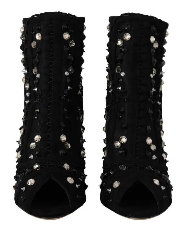 Dolce &amp; Gabbana Black Crystals Heels Zipper Short Boots Shoes