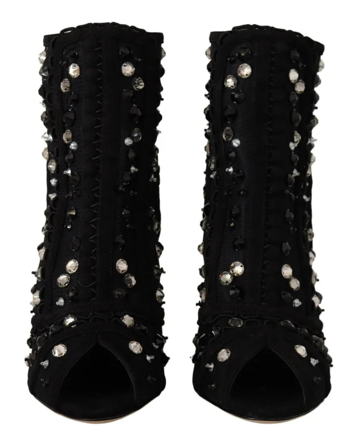 Dolce &amp; Gabbana Black Crystals Heels Zipper Short Boots Shoes