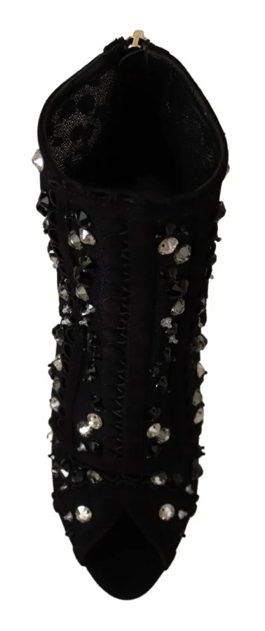 Dolce &amp; Gabbana Black Crystals Heels Zipper Short Boots Shoes