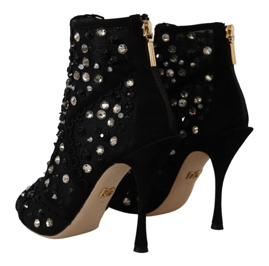 Dolce &amp; Gabbana Black Crystals Heels Zipper Short Boots Shoes