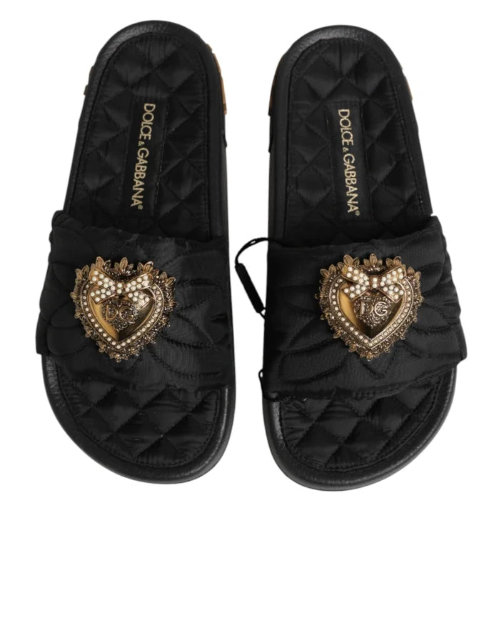 Dolce &amp; Gabbana Black Devotion Matelassé Leather Slides Shoes