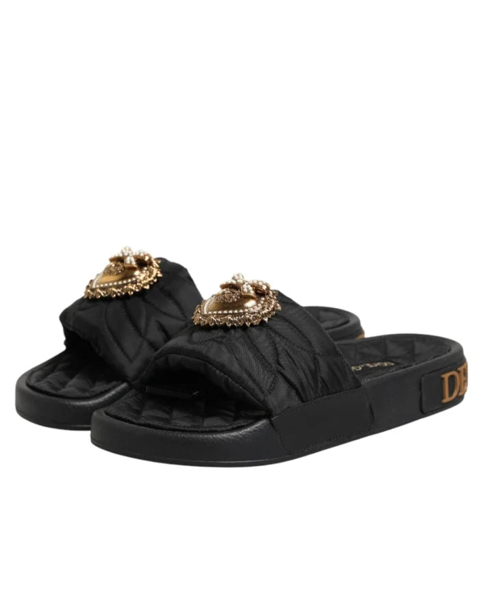 Dolce &amp; Gabbana Black Devotion Matelassé Leather Slides Shoes