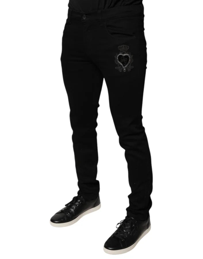 Dolce &amp; Gabbana Black DG Crown Logo Cotton Skinny Denim Jeans