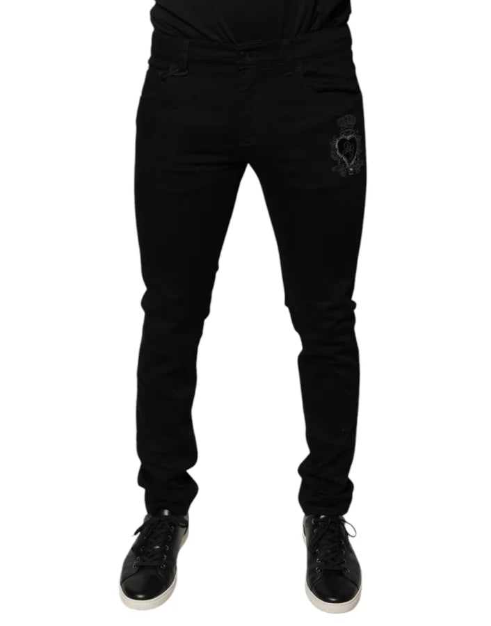 Dolce &amp; Gabbana Black DG Crown Logo Cotton Skinny Denim Jeans