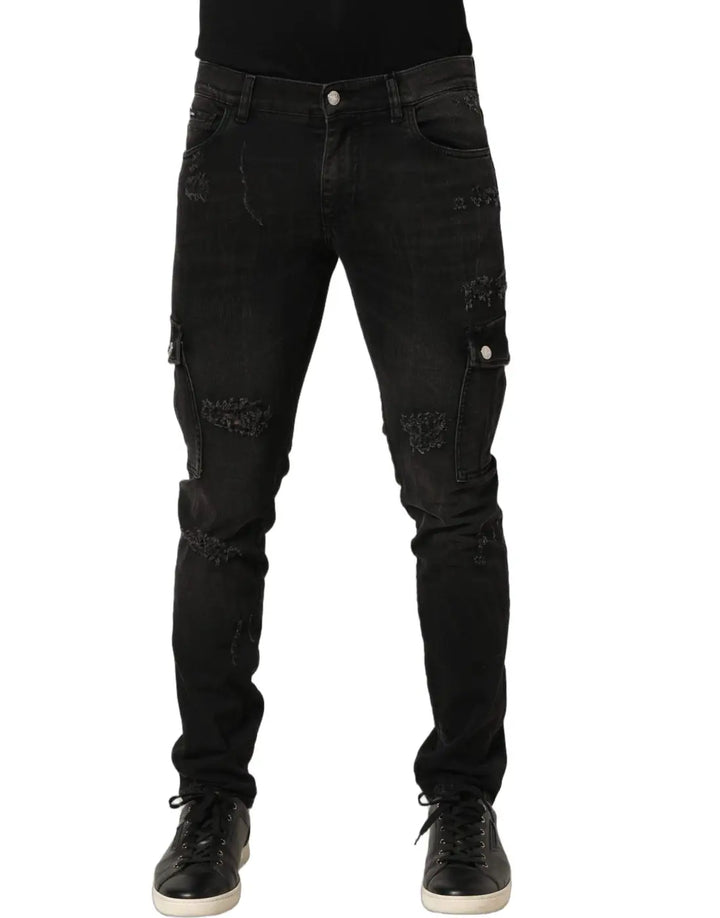 Dolce &amp; Gabbana Black Distressed Cargo Cotton Men Denim Jeans