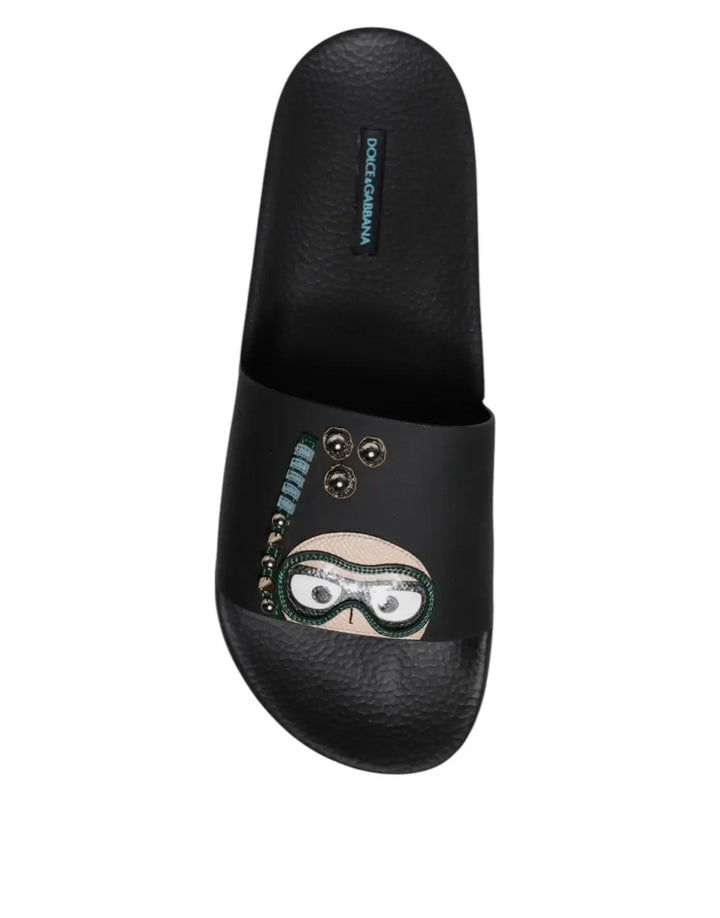 Dolce &amp; Gabbana Black Divers Leather Flats Slides Sandals Beachwear Shoes