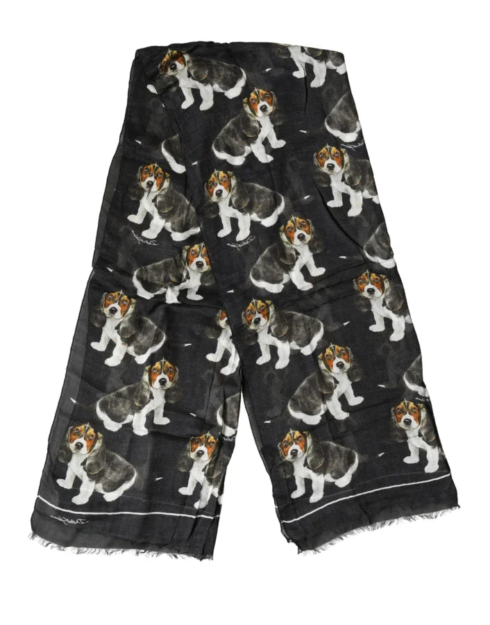 Dolce &amp; Gabbana Black Dog Print Modal Wool Wrap Foulard 178cm X 63cm Scarf