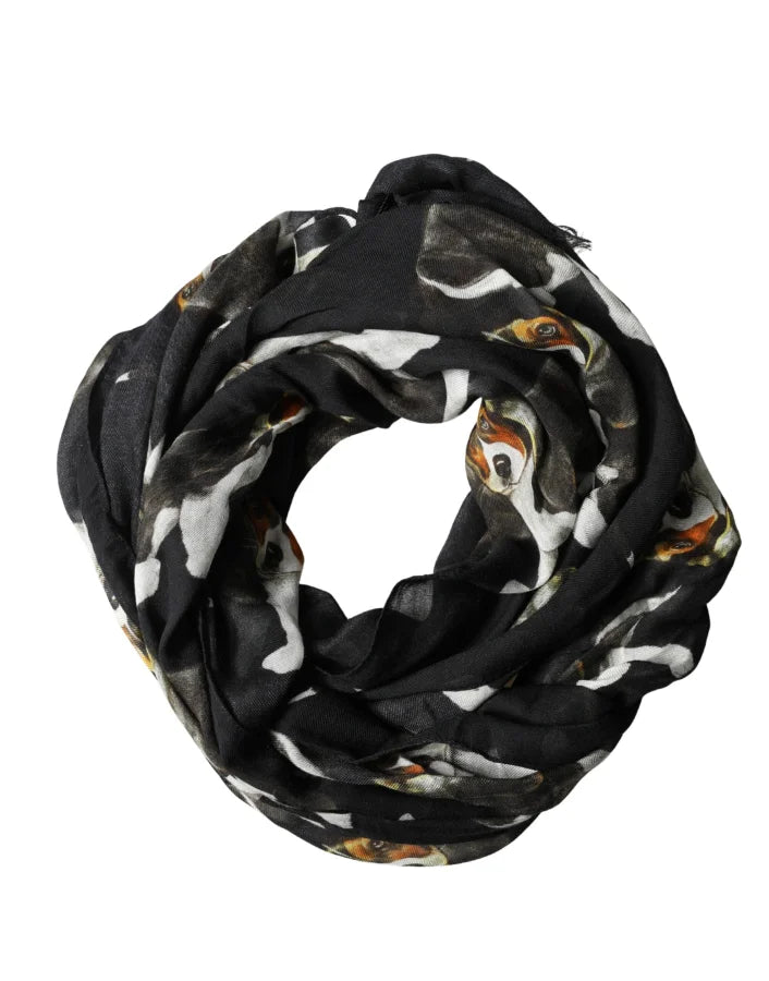 Dolce &amp; Gabbana Black Dog Print Modal Wool Wrap Foulard 178cm X 63cm Scarf